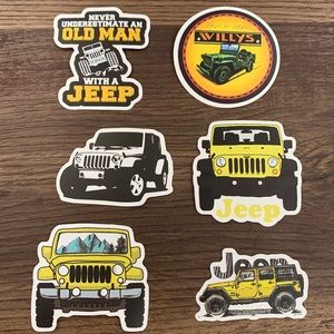 Six yellow Jeep, water bottle stickers